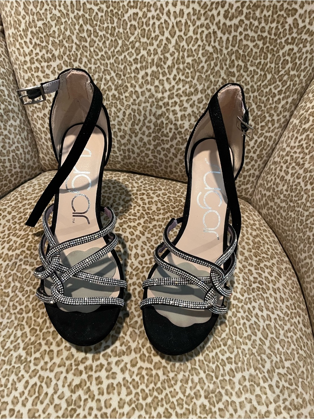 Sugar Black Strappy Rhinestone Ankle Strap Heels